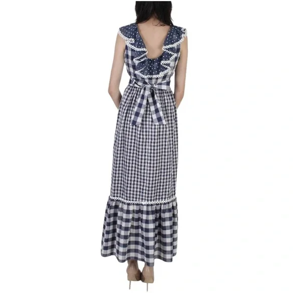 Vintage 70s Blue Gingham Maxi Dress White Checkered Prairie Dress Plaid Long - Picture 2 of 14